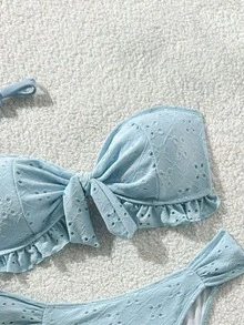 Swim Vcay Spring/Summer Solid Color Shoulder Strap Jacquard Fabric Non-Wired Bow Decor Cute Beach Vacation Swimwear Set - Baby Blue - View 6