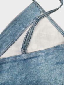 Pariaura French Style Denim Effect Contrast Mesh Puff Top Tank Night Out Club Light Blue Summer Sexy - Blue - View 6