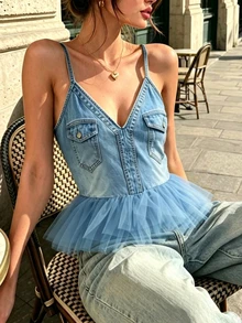 Pariaura French Style Denim Effect Contrast Mesh Puff Top Tank Night Out Club Light Blue Summer Sexy - Blue - View 7