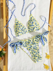 Swim Mod Summer Vacation Sexy Floral Patchwork Halter Backless Frill Trim Triangle Cup Tie-Up Bikini Set - Multicolor - View 2