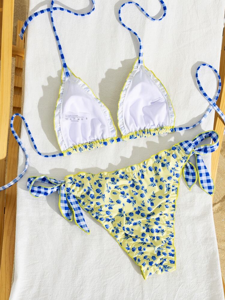 Swim Mod Summer Vacation Sexy Floral Patchwork Halter Backless Frill Trim Triangle Cup Tie-Up Bikini Set - Multicolor - View 3