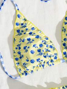Swim Mod Summer Vacation Sexy Floral Patchwork Halter Backless Frill Trim Triangle Cup Tie-Up Bikini Set - Multicolor - View 4