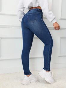 SHEIN ICON 大尺碼女款高腰口袋修身休閒牛仔褲 - 中等水洗藍 - 查看 2