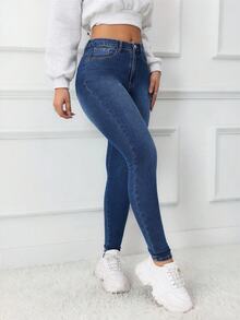 SHEIN ICON 大尺碼女款高腰口袋修身休閒牛仔褲 - 中等水洗藍 - 查看 1