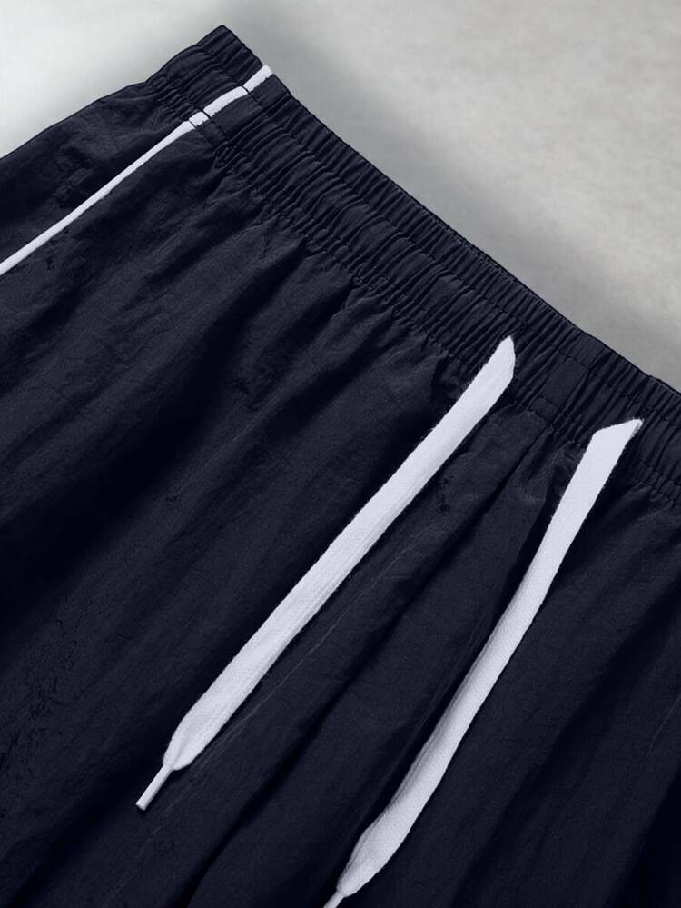 GymRaken Men's Black Side Stripe Minimalist Print Sports Pants, High Street Brand Loose Straight Leg Casual Pants, American Style Versatile Wide Leg Pants, Gym - Navy Blue - View 3