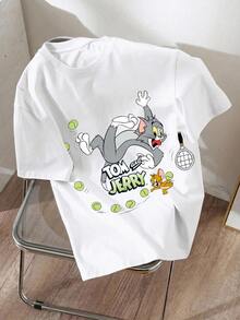 TOM & JERRY X SHEIN SHEIN EZwear 休閒極簡咖啡圖案圓領短袖大尺碼女款T恤，適合外出、街頭穿搭、機場、時尚、返校、Y2K、派對、海灘度假 - 白色 - 查看 5