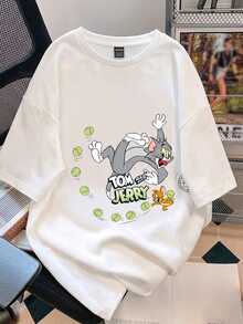 TOM & JERRY X SHEIN SHEIN EZwear 休閒極簡咖啡圖案圓領短袖大尺碼女款T恤，適合外出、街頭穿搭、機場、時尚、返校、Y2K、派對、海灘度假 - 白色 - 查看 1