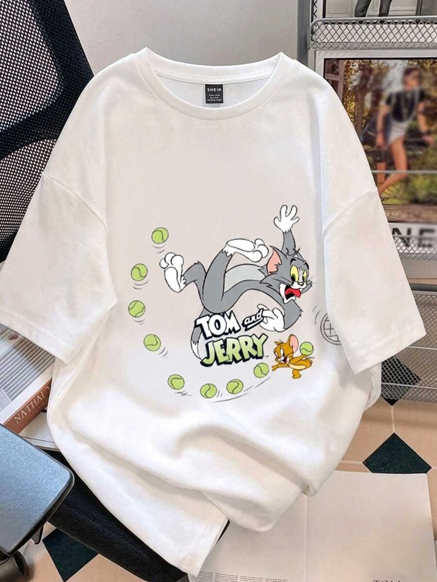 TOM & JERRY X SHEIN SHEIN EZwear 休閒極簡咖啡圖案圓領短袖大尺碼女款T恤,適合外出、街頭穿搭、機場、時尚、返校、Y2K、派對、海灘度假 - 白色 - 查看 1