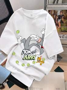 TOM & JERRY X SHEIN SHEIN EZwear 休閒極簡咖啡圖案圓領短袖大尺碼女款T恤，適合外出、街頭穿搭、機場、時尚、返校、Y2K、派對、海灘度假 - 白色 - 查看 7