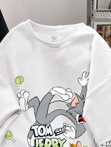 TOM & JERRY X SHEIN SHEIN EZwear 休閒極簡咖啡圖案圓領短袖大尺碼女款T恤，適合外出、街頭穿搭、機場、時尚、返校、Y2K、派對、海灘度假 - 白色 - 查看 6