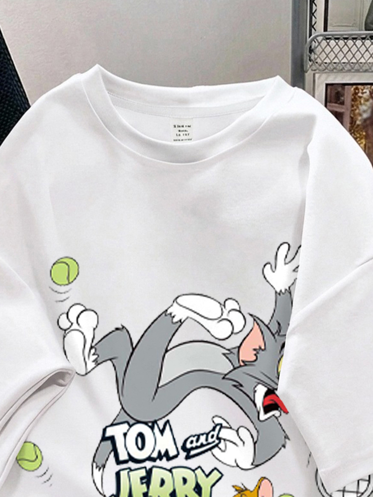 TOM & JERRY X SHEIN SHEIN EZwear Casual Minimalist Coffee Pattern Round Neck Short Sleeve Plus Size Women's T-Shirt, Suitable For Outings, Streetwear, Airport, Chic, Back To School, Y2K, Party, Beach Vacation - White - View 6
