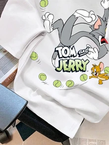 TOM & JERRY X SHEIN SHEIN EZwear 休閒極簡咖啡圖案圓領短袖大尺碼女款T恤，適合外出、街頭穿搭、機場、時尚、返校、Y2K、派對、海灘度假 - 白色 - 查看 4