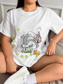 TOM & JERRY X SHEIN SHEIN EZwear 休閒極簡咖啡圖案圓領短袖大尺碼女款T恤，適合外出、街頭穿搭、機場、時尚、返校、Y2K、派對、海灘度假 - 白色 - 查看 3