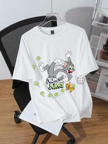 TOM & JERRY X SHEIN SHEIN EZwear 休閒極簡咖啡圖案圓領短袖大尺碼女款T恤，適合外出、街頭穿搭、機場、時尚、返校、Y2K、派對、海灘度假 - 白色 - 查看 9