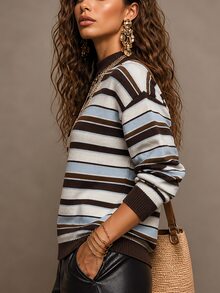 SHEIN 女款條紋立領落肩長袖休閒毛衣 - 咖啡棕 - 查看 4