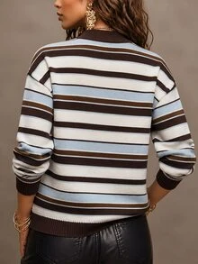 SHEIN 女款條紋立領落肩長袖休閒毛衣 - 咖啡棕 - 查看 2