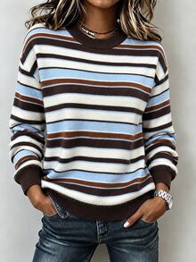 SHEIN 女款條紋立領落肩長袖休閒毛衣 - 咖啡棕 - 查看 1