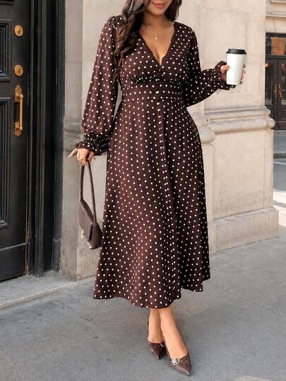 Vionelle Plus Size Women V-Neck Patchwork Lace Long Sleeve Polka Dot Cinched Waist Mid-Length Elegant 1960s Medieval Dress Daily Office Brunch Evening Brown
