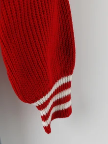 SHEIN LUNE Striped Pattern Raglan Sleeve Sweater Without Blouse School Red And White Stripe Autumn Casual Preppy - Red - View 7