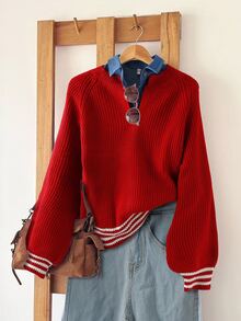 SHEIN LUNE Striped Pattern Raglan Sleeve Sweater Without Blouse School Red And White Stripe Autumn Casual Preppy - Red - View 3