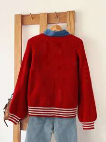 SHEIN LUNE Striped Pattern Raglan Sleeve Sweater Without Blouse School Red And White Stripe Autumn Casual Preppy - Red - View 2