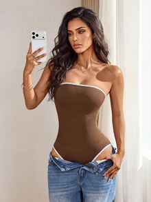 SHEIN Sports Brown Strapless Seamless Backless Shoulder Strap Tight Jumpsuit For Women - Brown - View 2