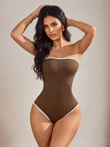 SHEIN Sports Brown Strapless Seamless Backless Shoulder Strap Tight Jumpsuit For Women - Brown - View 4