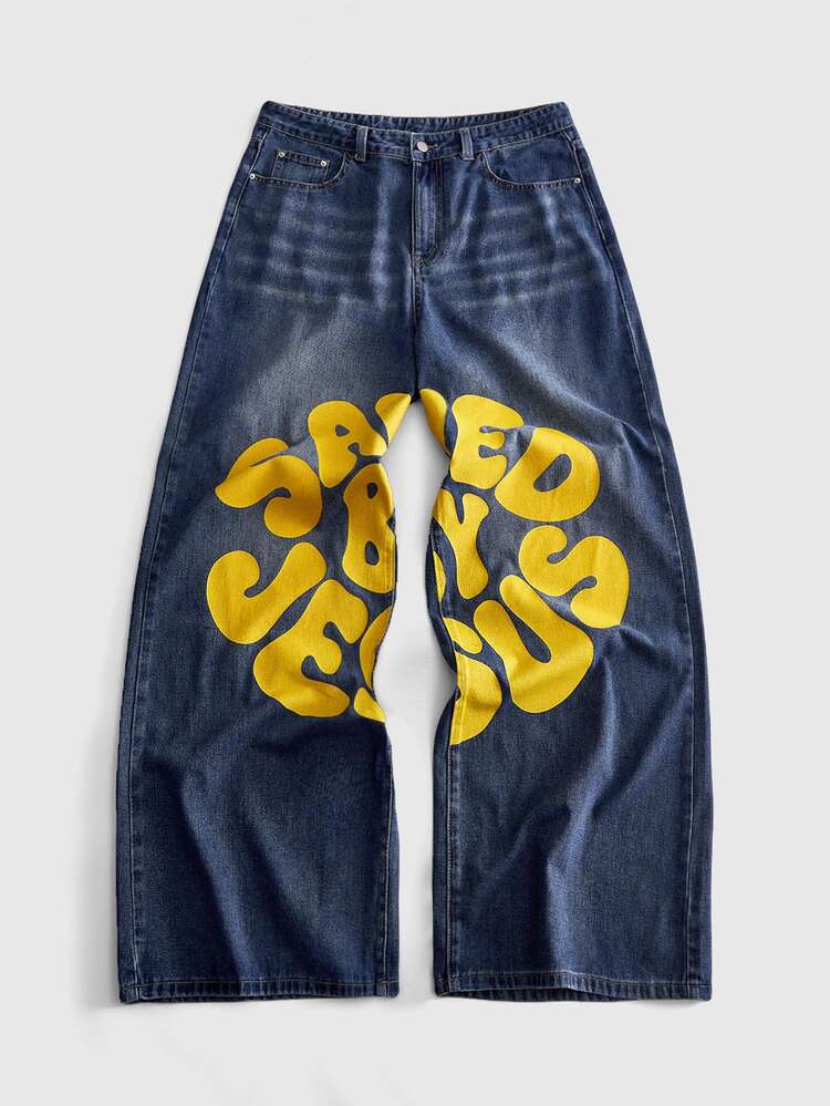 ROMWE MEN Street Life Men's Loose Fit Printed Pattern Denim Jeans - Blue - View 1