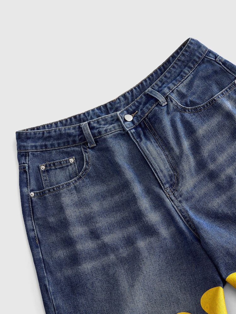 ROMWE MEN Street Life Men's Loose Fit Printed Pattern Denim Jeans - Blue - View 4