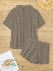 Swim Basics 2pcs Women Vacation Solid Color Short Sleeve Kimono Cover Up & Shorts Set For Summer - Brown - View 3