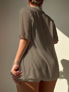 Swim Basics 2pcs Women Vacation Solid Color Short Sleeve Kimono Cover Up & Shorts Set For Summer - Brown - View 2