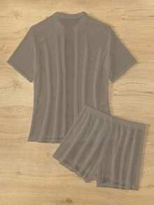 Swim Basics 2pcs Women Vacation Solid Color Short Sleeve Kimono Cover Up & Shorts Set For Summer - Brown - View 6