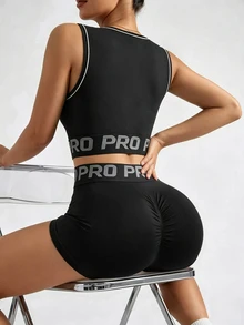 Solea Cove 2pcs/Set Atasan Tanpa Lengan + Celana Pendek /Desain Pinggang Huruf/Desain Kerah Kontras/Gaya Dasar/Hitam/Set Olahraga/Fitness + Yoga - Hitam - View 4