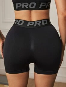 Solea Cove 2pcs/Set Atasan Tanpa Lengan + Celana Pendek /Desain Pinggang Huruf/Desain Kerah Kontras/Gaya Dasar/Hitam/Set Olahraga/Fitness + Yoga - Hitam - View 7