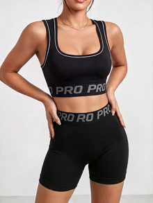 Solea Cove 2pcs/Set Atasan Tanpa Lengan + Celana Pendek /Desain Pinggang Huruf/Desain Kerah Kontras/Gaya Dasar/Hitam/Set Olahraga/Fitness + Yoga - Hitam - View 3