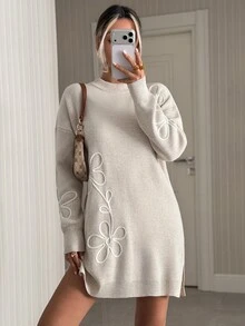 Trelyra Women 3d Floral Embroidery Sweater Dress - بيج - مشاهدة 3