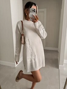 Trelyra Women 3d Floral Embroidery Sweater Dress - بيج - مشاهدة 6