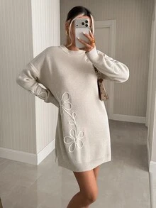 Trelyra Women 3d Floral Embroidery Sweater Dress - بيج - مشاهدة 9