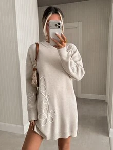 Trelyra Women 3d Floral Embroidery Sweater Dress - بيج - مشاهدة 5