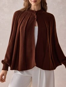 Trelyra كارديجان نسائي بني مطوي بأزرار مزدوجة وياقة دائرية وأكمام طويلة مضلعة - بني - مشاهدة 10