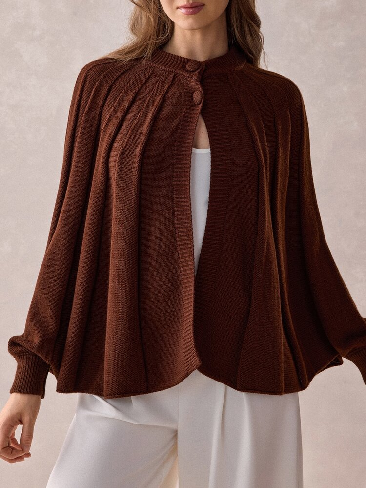 Trelyra Women's Brown Pleated Double Button Round Neck Ribbed Long Sleeve Cardigan - Brown - View 10