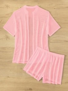SHEIN Swim 女士純色針織透視V領短袖套裝，包含外罩和短褲，夏日必備2件裝 - 粉色 - 查看 7