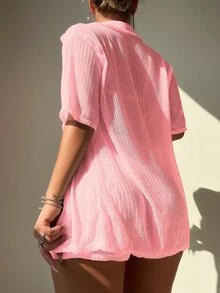 SHEIN Swim 女士純色針織透視V領短袖套裝，包含外罩和短褲，夏日必備2件裝 - 粉色 - 查看 2