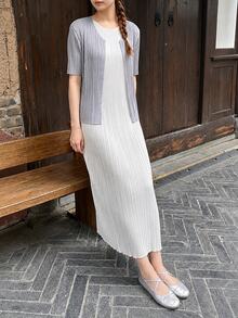 Zaforene Women's Solid Color Short Sleeve Open Front Casual Minimalist Elegant Lightweight Jacket Everyday Daytime Light Grey Summer Office High Tea - Light Grey - View 2