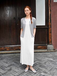 Zaforene Women's Solid Color Short Sleeve Open Front Casual Minimalist Elegant Lightweight Jacket Everyday Daytime Light Grey Summer Office High Tea - Light Grey - View 7