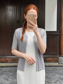 Zaforene Women's Solid Color Short Sleeve Open Front Casual Minimalist Elegant Lightweight Jacket Everyday Daytime Light Grey Summer Office High Tea - Light Grey - View 6