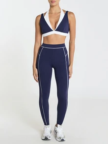 11SKNDS High Waist Sports Leggings With White Contrast Piping Detail, Yoga Running Workout Gym Activewear, Squat Proof Slim Fit With Sweat-Wicking, Stretchy, Buttery-Soft, Tummy Control, Sculpting Fit & Butt-Lifting, For Fitness Pilates Studio, Training & Hy-Rox - Royal Blue - View 4