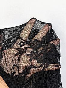 Rustia Casual Elegant Minimalist French Pleated Lace Patchwork Mesh + Lining Asymmetrical Hem Long Sleeve Plus Size Women's Dress Fall - Black - View 9