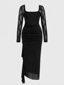 Rustia Casual Elegant Minimalist French Pleated Lace Patchwork Mesh + Lining Asymmetrical Hem Long Sleeve Plus Size Women's Dress Fall - Black - View 2