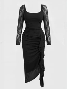 Rustia Casual Elegant Minimalist French Pleated Lace Patchwork Mesh + Lining Asymmetrical Hem Long Sleeve Plus Size Women's Dress Fall - Black - View 7